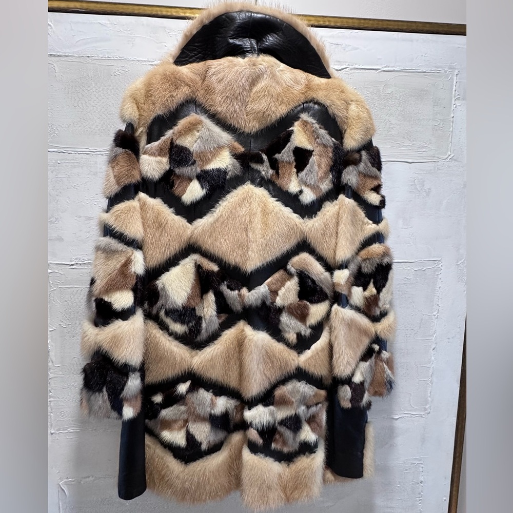 Vintage Mink Fur Patchwork Coat Leather Chevron Luxe Statement Jacket M - Picture 10 of 11